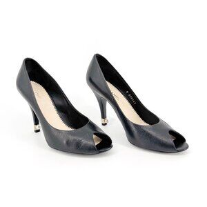 Chanel Peep Toe CC Logo Pearl Black Leather Pumps High Heels Size 38.5 US 7.5-8